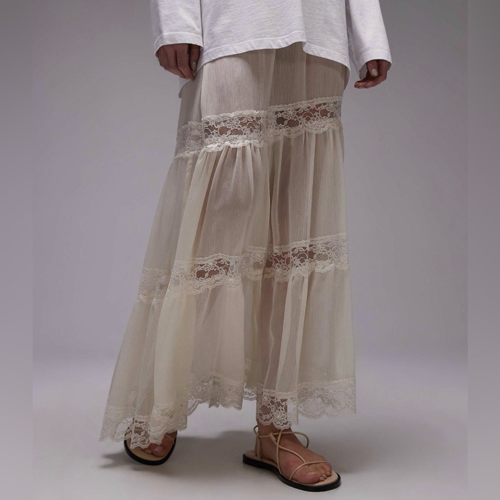 Topshop Sheer Maxi Skirt with Lace Inserts in Ivory - Picture 3 of 5